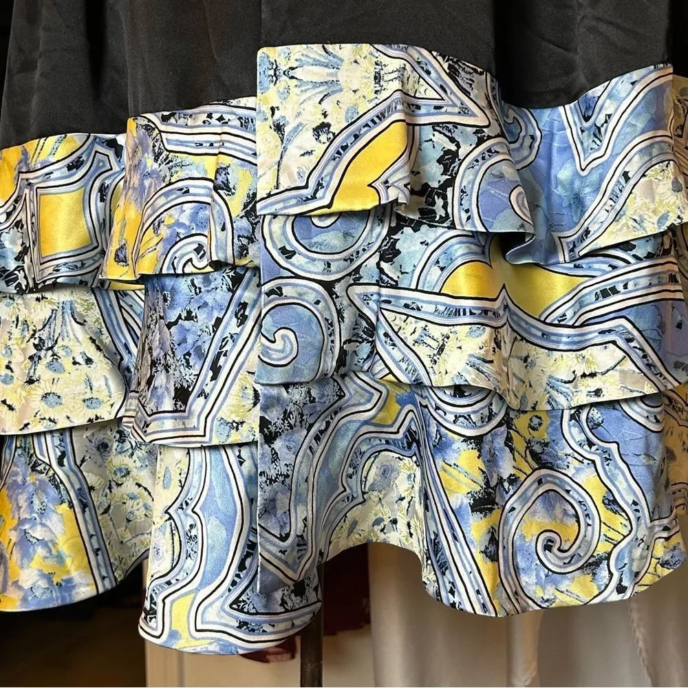 Carlisle Elegant Black Silk Cape Scarf Wrap Blue White Floral Paisley Hem Ruffle